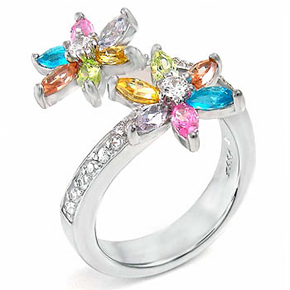 Sterling Silver Two Multi-Colored Cz Flower Design Ring with Ring Width of 24MM