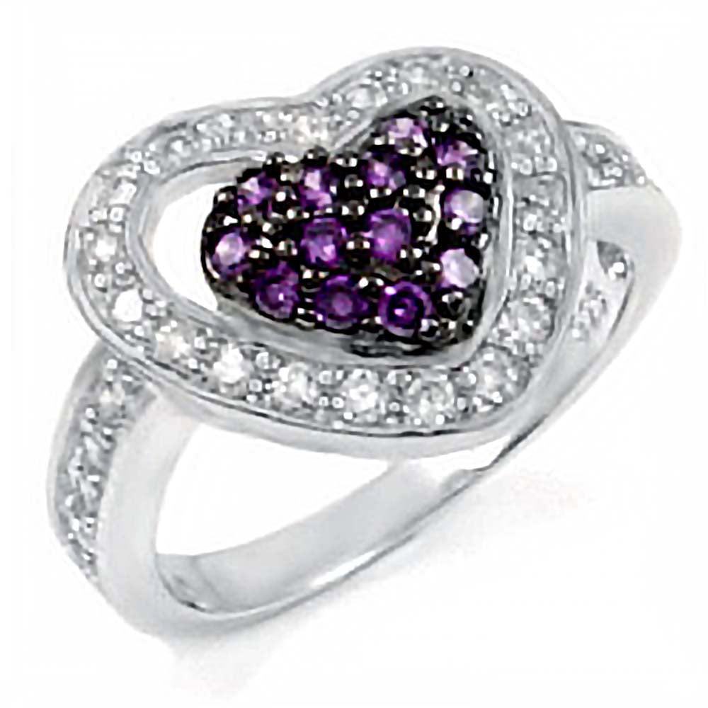 Sterling Silver Trendy Heart Design Embedded with Clear and Amethyst Cz Stones RingAnd Ring Width of 12MM