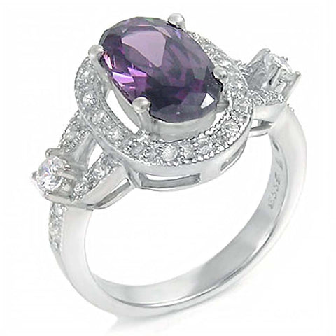 Sterling Silver Classy Design Oval Cut Amethyst Cz with Round Cz Stones RingAnd Ring Width of 7MM