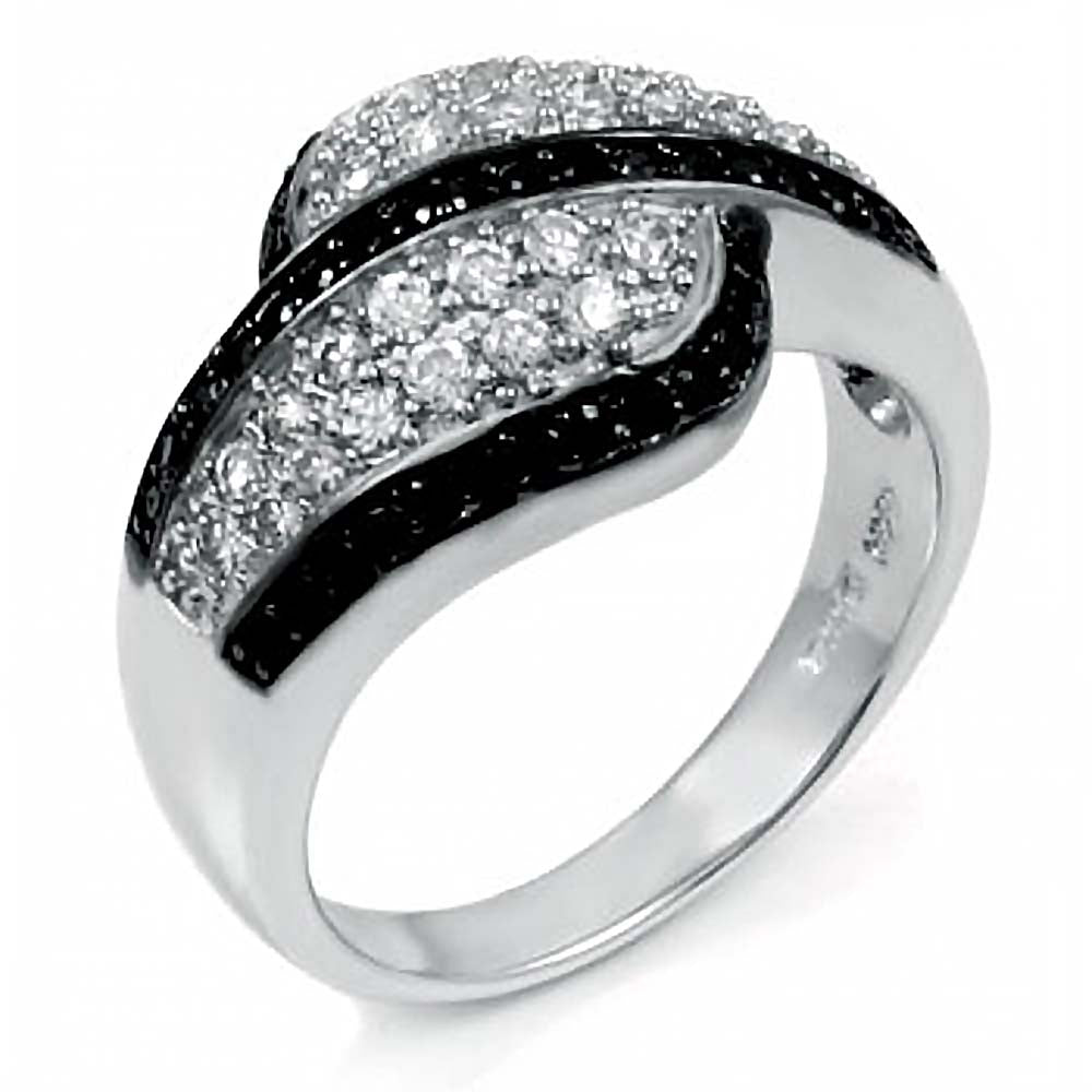 Sterling Silver Fancy Micro Pave Clear and Black Cz Twisted Design Ring with Ring Width of 12MM