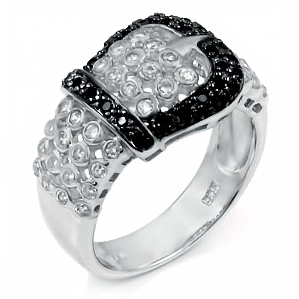 Sterling Silver Fancy Buckle Design Embedded with Clear and Black Cz Stones RingAnd Ring Width of 14MM