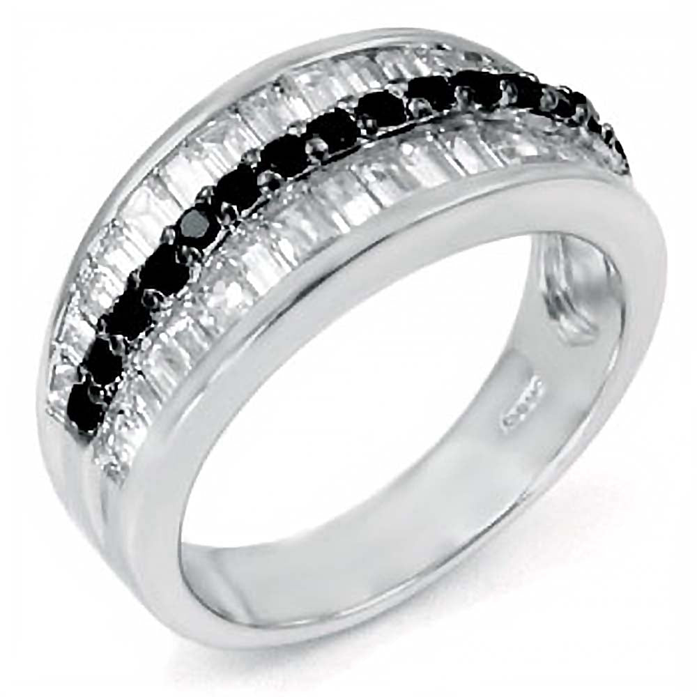 Sterling Silver Multi Baguette Clear Cz with Centered Round Cut Black Cz Stones RingAnd Ring Width of 10MM