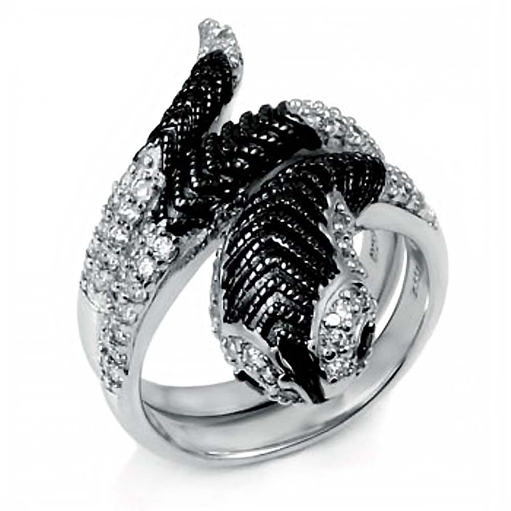 Sterling Silver Fancy Micro Pave Clear and Black Cz Cobra Snake Design Ring with Ring Width of 36MM