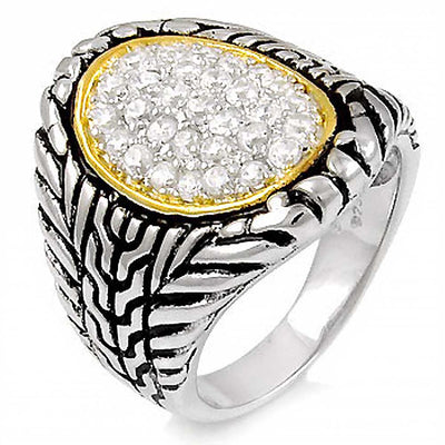 Sterling Silver Two-Toned Tribal Style Design with Centered Micro Pave Clear Cz Stones RingAnd Ring Width of 10MM