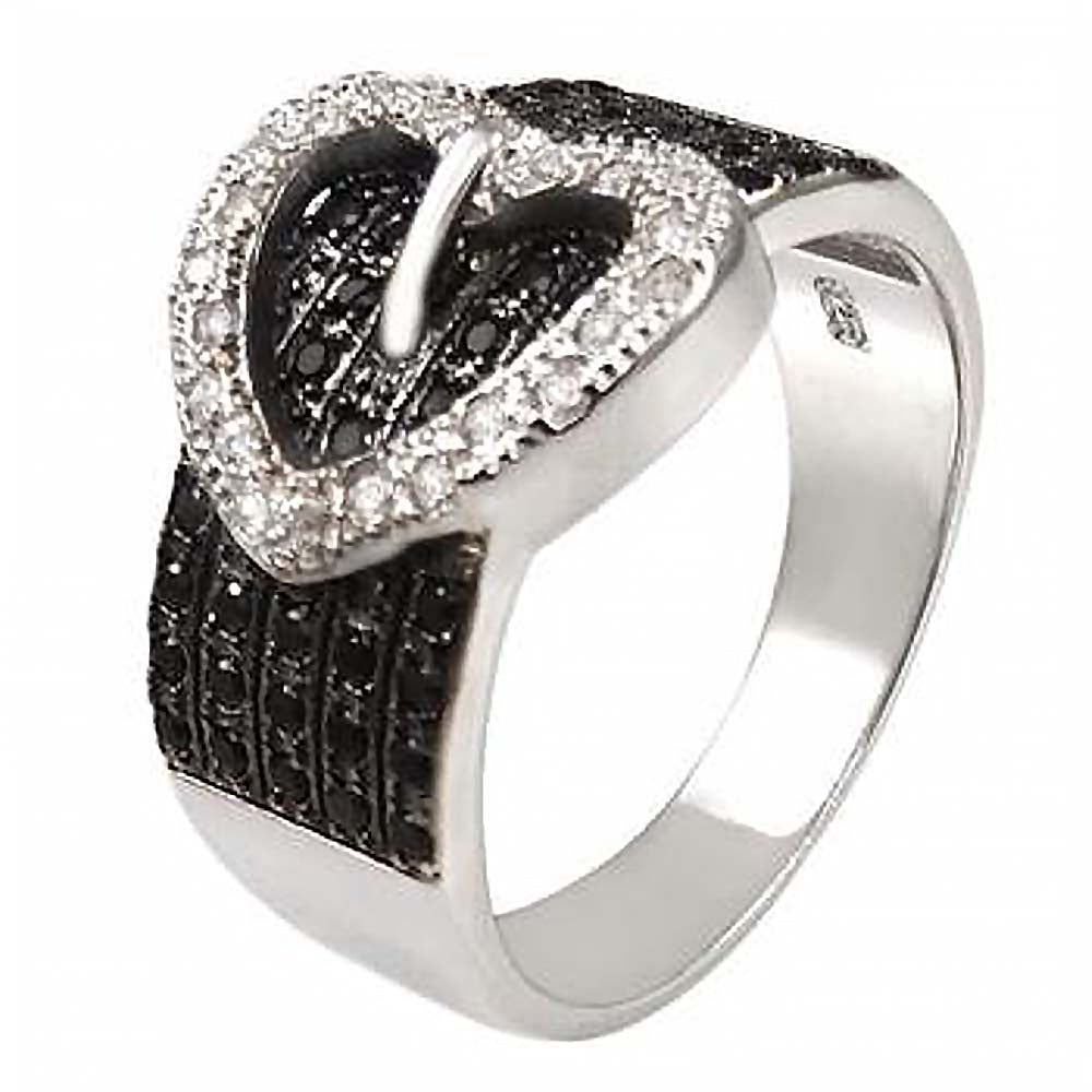 Sterling Silver Fancy Micro Pave Clear and Black Cz Heart Buckle Design Ring with Ring Width of 13MM