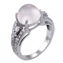Load image into Gallery viewer, Sterling Silver Vintage Style Natural Dome Shaped Rose Quartz Stone Pave Split Band Ring with Ring Dimensions of 16MMx11MM