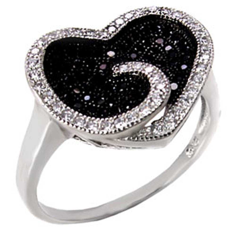 Sterling Silver Fancy Micro Pave Clear and Black Cz Heart Ring with Ring Dimensions of 17MMx24MM