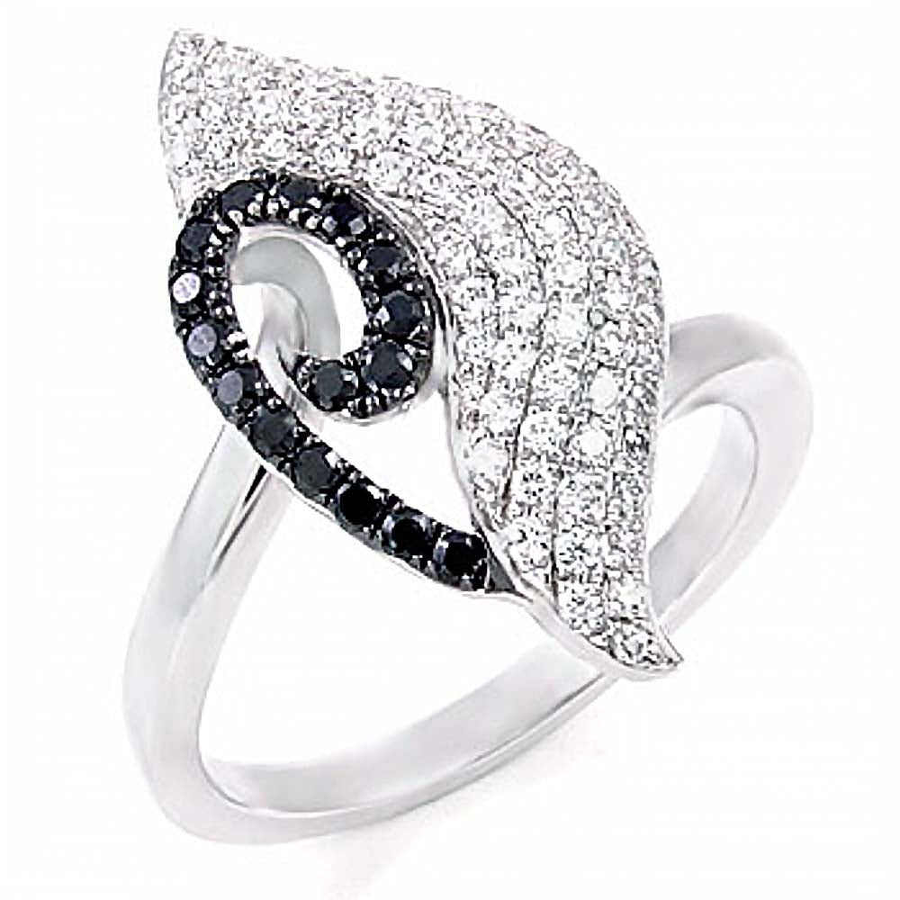 Sterling Silver Abstract Design Embedded with Micro Pave Clear and Black Cz Stones Ring