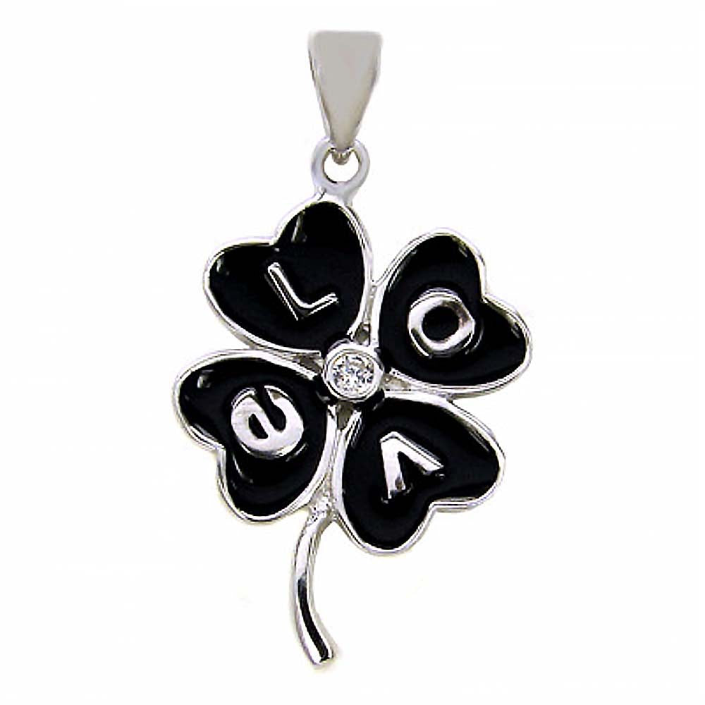 Sterling Silver Stylish Black Enamel Clover Leaf Pendant with the Word  LOVE And Pendant Dimensions of 16MMx28.58MM