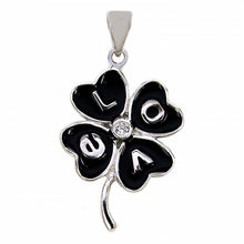 Load image into Gallery viewer, Sterling Silver Stylish Black Enamel Clover Leaf Pendant with the Word  LOVE And Pendant Dimensions of 16MMx28.58MM