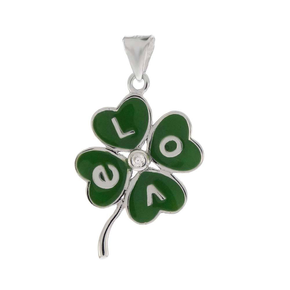 Sterling Silver Stylish Green Enamel 4 Leaf Clover Pendant with Pendant Dimensions of 15MMx28.58MM