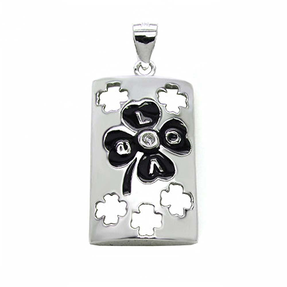Sterling Silver Fashionable Rectangle Tag Pendant with Black Enamel Clover LeafAnd Pendant Dimensions of 13MMx28.58MM