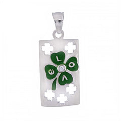 Sterling Silver Rectangle Tag Pendant with Black Enamel Clover Leaf, Pendant Dimensions of 13MMx28.58MM
