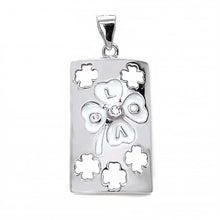 Load image into Gallery viewer, Sterling Silver Fashionable Rectangle Tag Pendant with White Enamel Clover LeafAnd Pendant Dimensions of 13MMx28.58MM