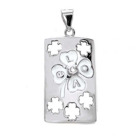 Sterling Silver Fashionable Rectangle Tag Pendant with White Enamel Clover LeafAnd Pendant Dimensions of 13MMx28.58MM