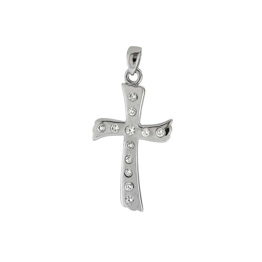 Sterling Silver Wavy Cross Pendant Embedded with Clear Cz StonesAnd Pendant Dimensions of 16MMx28.58MM