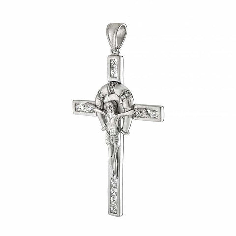 Sterling Silver Stylish Crucifix Pendant with Princess Cut Clear Cz Stones Inlaid, Pendant Dimensions of 32MMx57.15MM