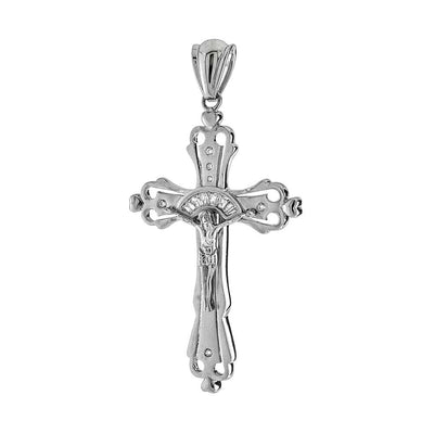Sterling Silver Fancy Crucifix Pendant with Trapezium-Round Clear Cz Stones Inlaid, Pendant Dimensions of 30MMx60.33MM