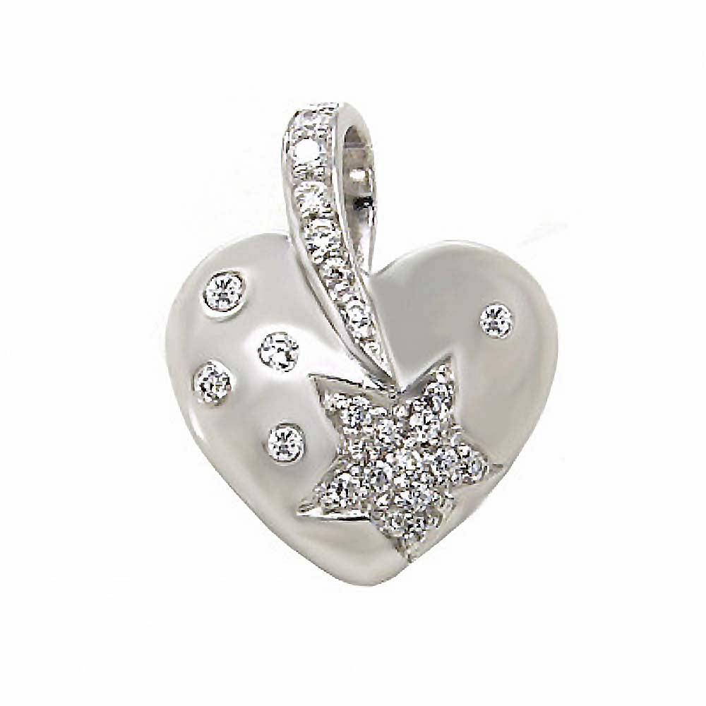 Sterling Silver Stylish Heart Pendant with Clear Cz Acccent in a Star PatternAnd Pendant Dimensions of 19MMX23MM