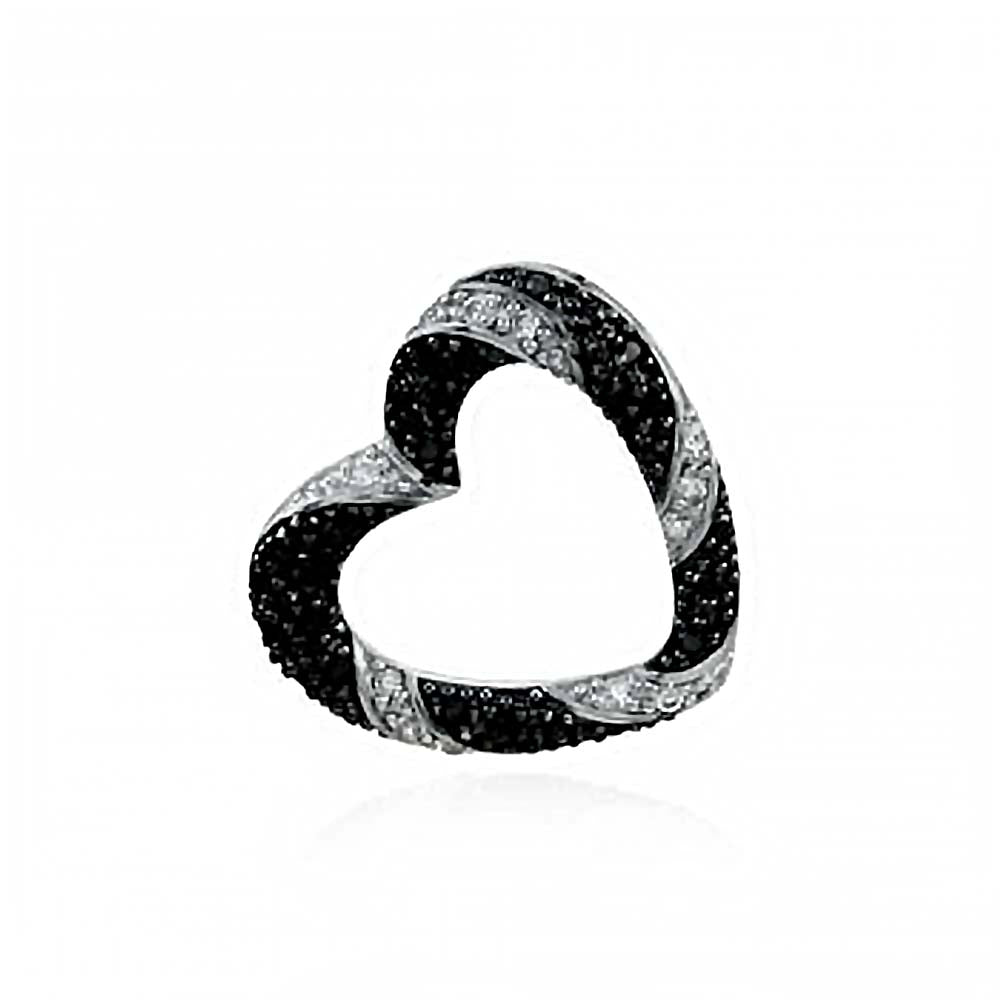 Sterling Silver Floating Micro Pave Clear and Black Cz Open Heart Pendant with Pendant Dimensions of 21MMx19.05MM