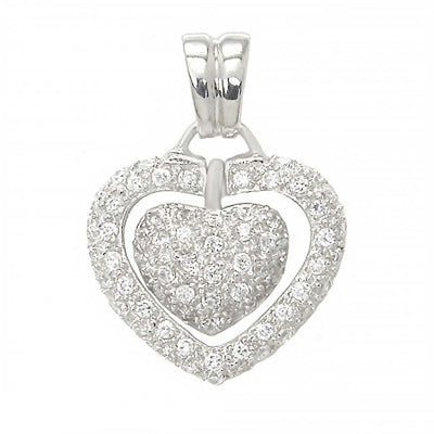 Sterlings Silver Fancy Single Open Heart Pendant with Clear Cz and A Micro Paved Clear Cz Small Inner HeartAnd Pendant Dimensions of 25MMx31.8MM