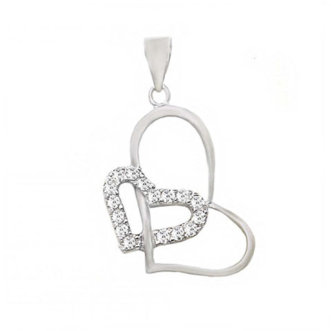 Sterling Silver Double Open Heart Pendant Embedded with Clear Cz StonesAnd Pendant Dimensions of 17MMx31.75MM