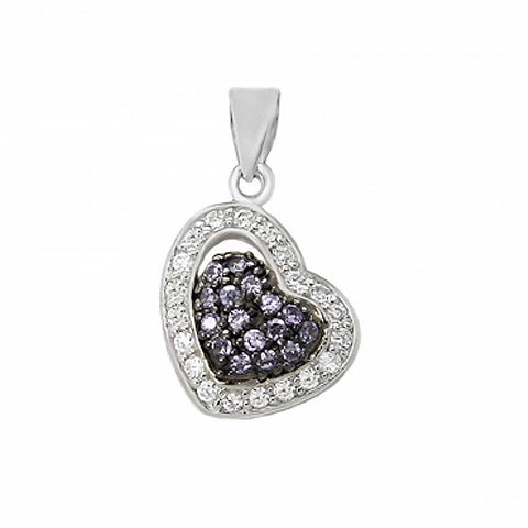 Sterling Silver Stylish Micro Pave Clear and Lavender Cz Heart Pendant with Pendant Dimensions of 15MMx22.23MM