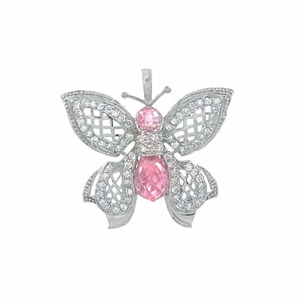 Sterling Silver Fancy Butterfly Pendant with Pink CzAnd Pendant Dimensions of 34.5MMx31.75MM