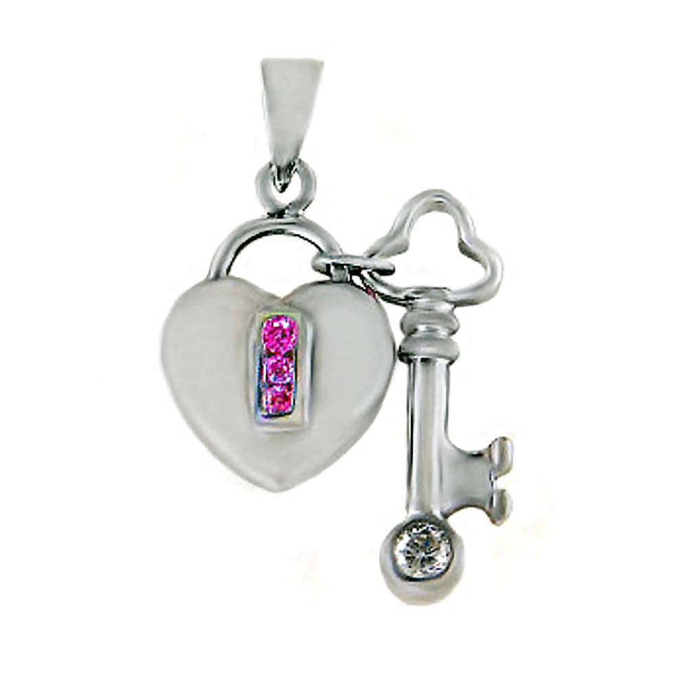 Sterling Silver Fancy Key and Heart Lock Pendant Inlaid with Clear and Pink Cz StonesAnd Pendant Dimensions of 17MMx28.58MM