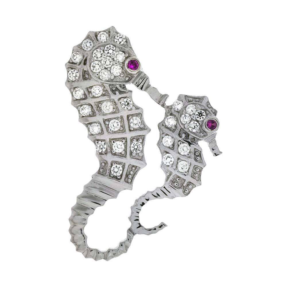 Sterling Silver Fancy Seahorses Pendant with Clear Cz and Pink Eyes CzAnd Pendant Dimensions of 20MMx31.75MM