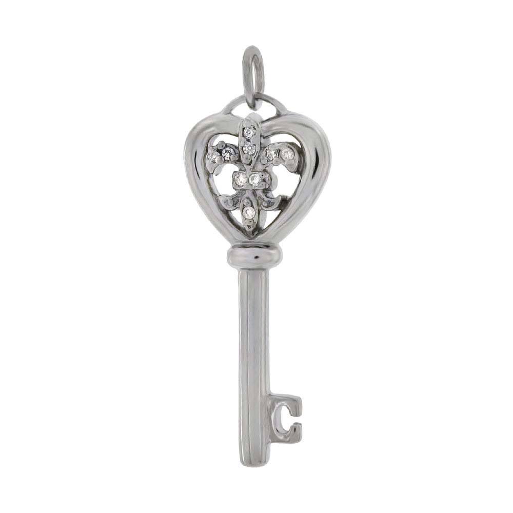 Sterling Silver Stylish Key pendant with Fleur De Lis Design and Clear Round CzAnd Pendant Dimensions of 15MMx38.1MM
