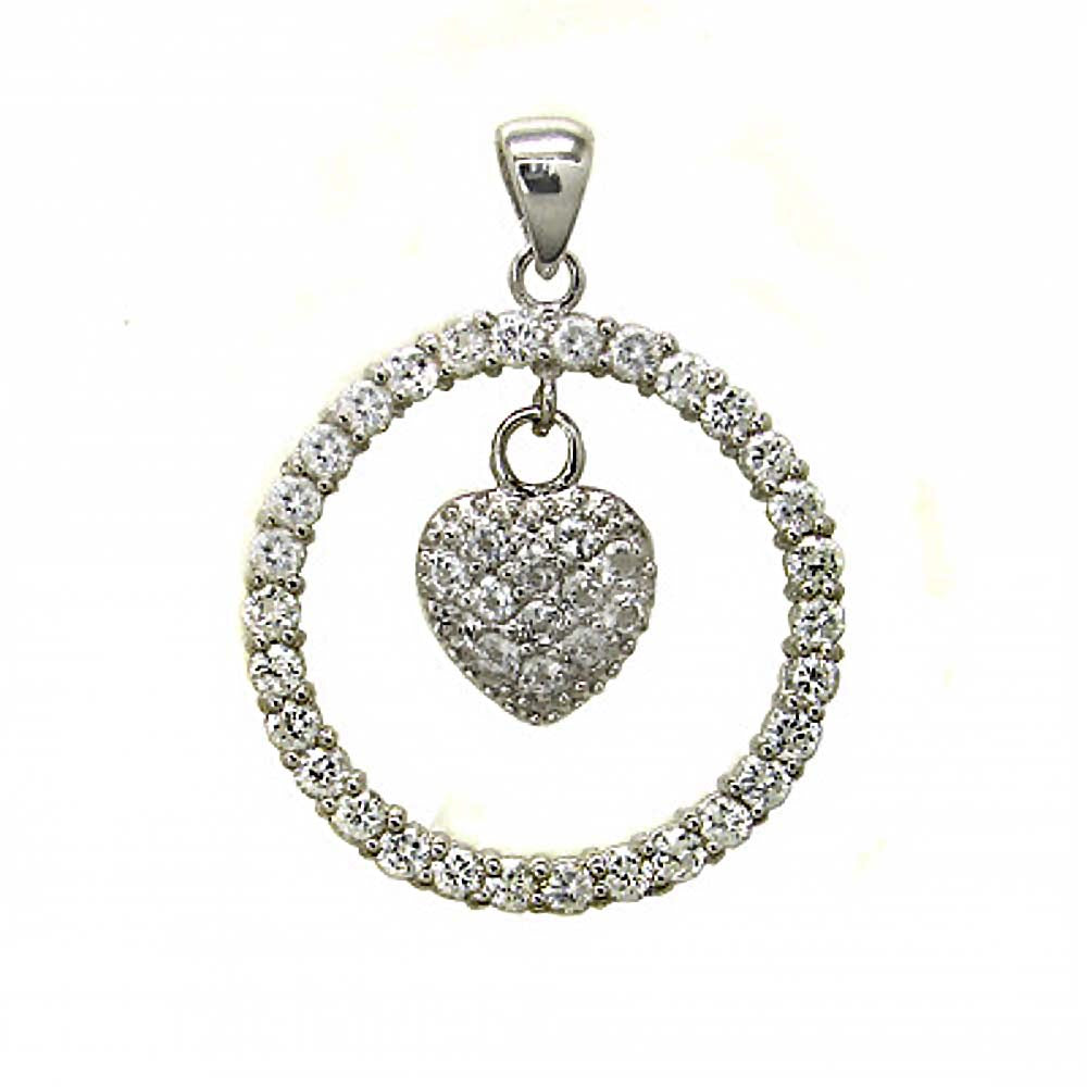 Sterling Silver Fancy Pave Circle of Love and Heart Pendant with Pendant Diameter of 25.4MM