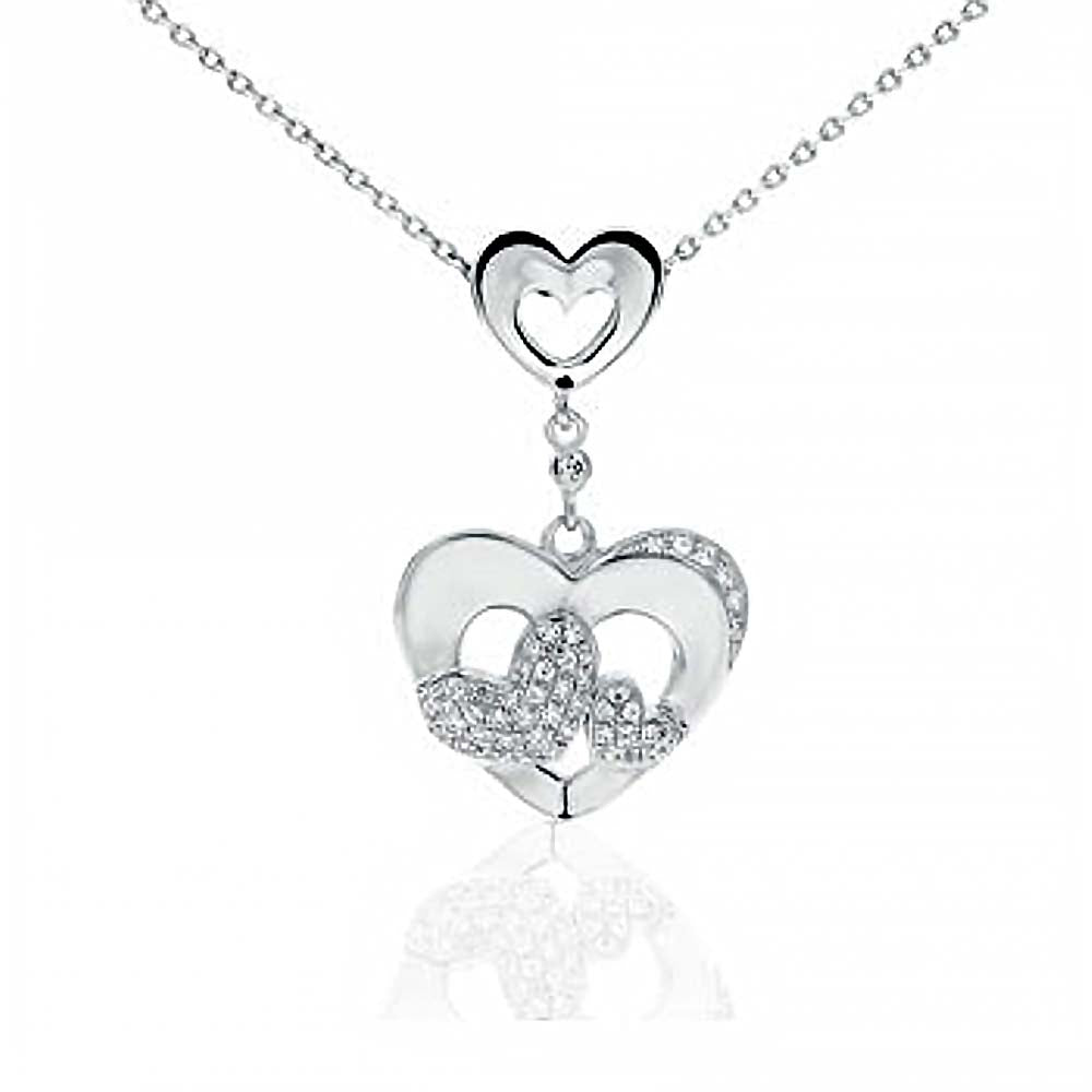 Sterling Silver Fancy Dangling Hearts Pendant with Two Pave Hearts DesignAnd Pendant Dimensions of 19MMx31.75MM