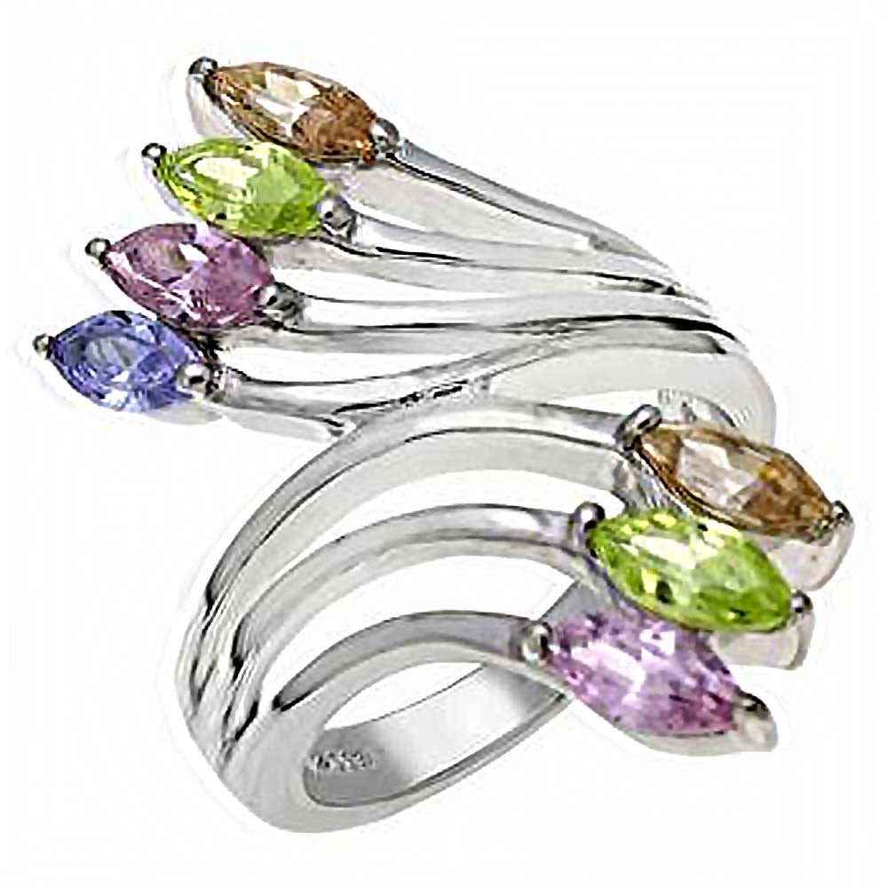 Sterling Silver Fancy Bypass Design Set with Marquise Cut Multi-Colored Cz Stones RingAnd Ring Width of 28MM