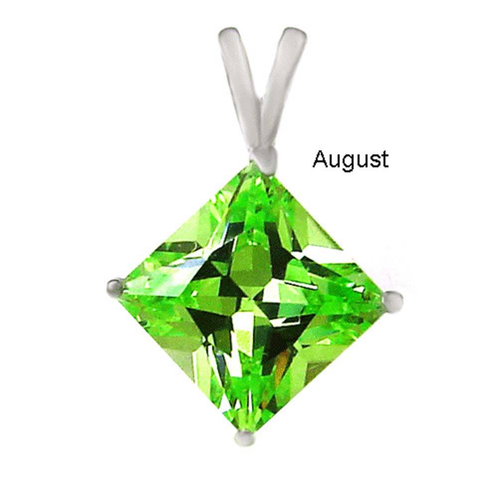 Sterling Silver Princess Cut Peridot Cz Solitaire Pendant with Pendant Diameter of 7MM
