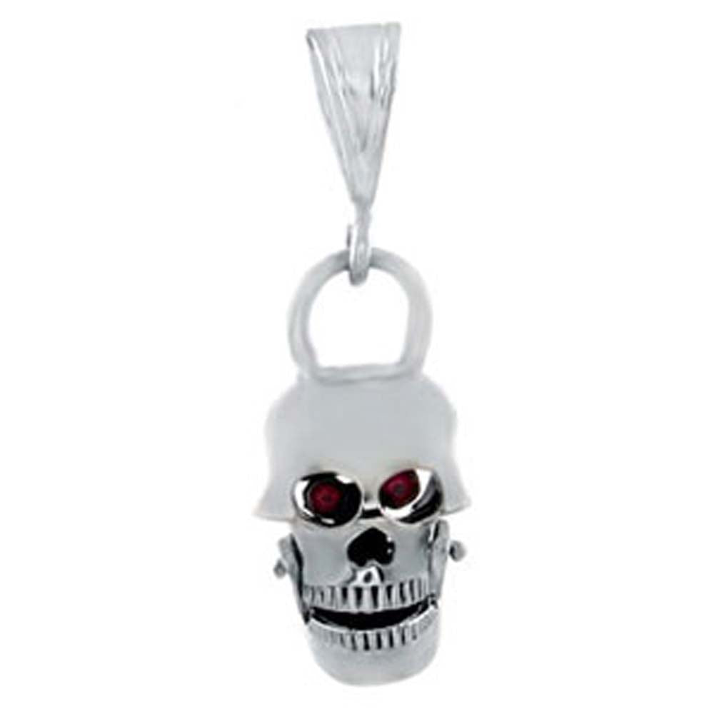 Sterling Silver High Polished Rock\'n Roll Grinning Skull Pendant with Garnet Round Cz EyesAnd Pendant Dimensions of 19MMx50.8MM
