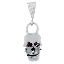 Load image into Gallery viewer, Sterling Silver High Polished Rock\&#39;n Roll Grinning Skull Pendant with Garnet Round Cz EyesAnd Pendant Dimensions of 19MMx50.8MM