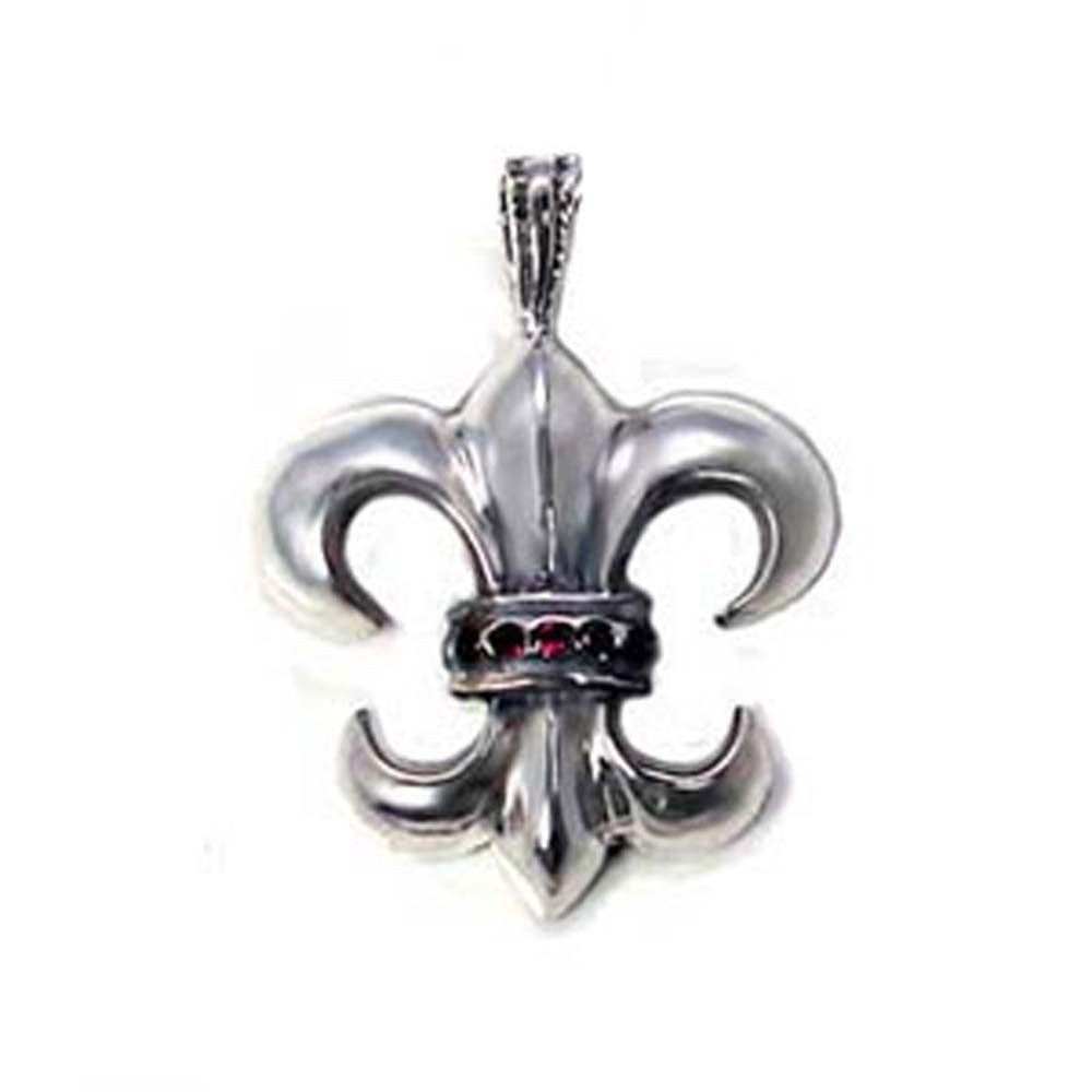 Sterling Silver High Polished Oxidized Small Fleur De Liz Pendant with Garnet Round CzAnd Pendant Dimensions of 24MMx3MM