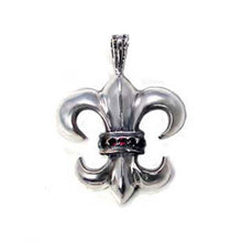 Load image into Gallery viewer, Sterling Silver High Polished Oxidized Small Fleur De Liz Pendant with Garnet Round CzAnd Pendant Dimensions of 24MMx3MM