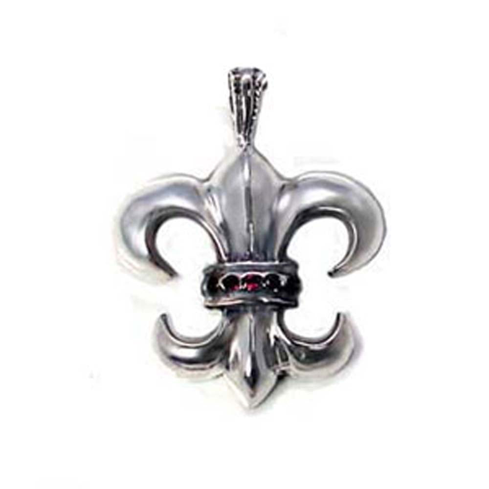 Sterling Silver High Polished Oxidized Large Fleur De Liz Pendant with Garnet Round CzAnd Pendant Dimensions of 25MMx33MM