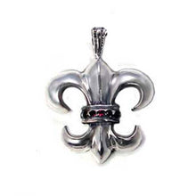 Load image into Gallery viewer, Sterling Silver High Polished Oxidized Large Fleur De Liz Pendant with Garnet Round CzAnd Pendant Dimensions of 25MMx33MM