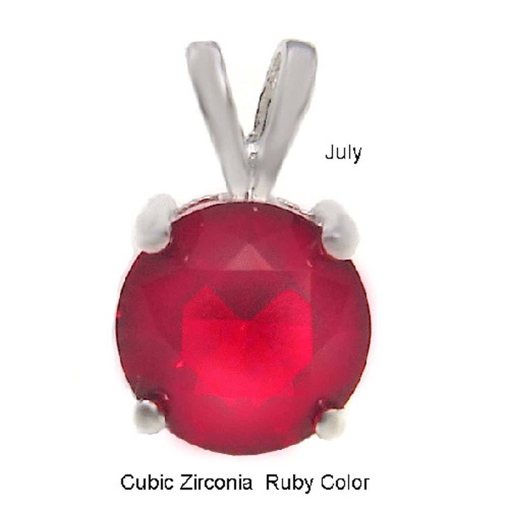 Sterling Silver Round Cut Ruby Cz Solitaire Pendant with Pendant Diameter of 7MM