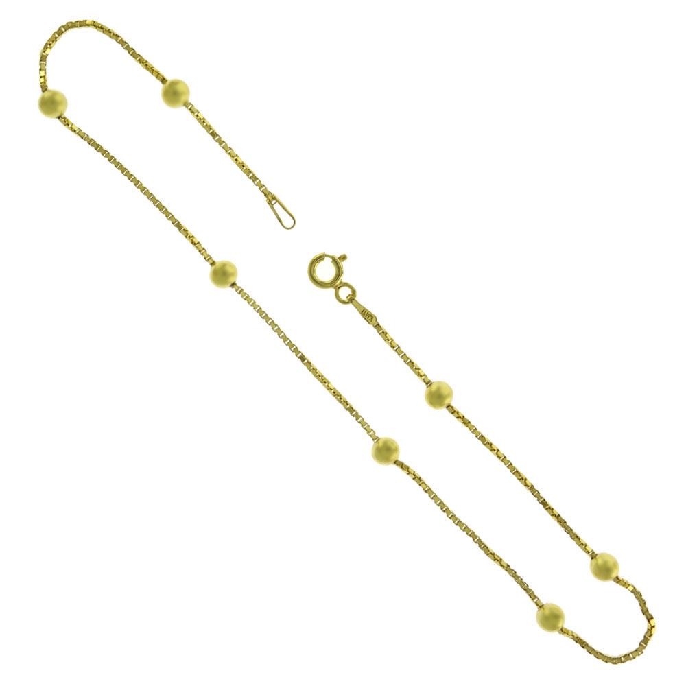 Sterling Silver 1mm D/C Box Chain W. 4mm Bead Gold Plated Anklet