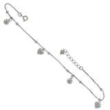 Sterling Silver Box Chain W. Dangling Ball and Heart Rhodium Anklet