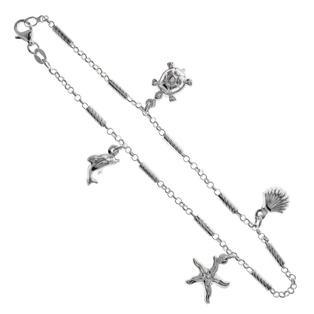 Sterling Silver Fancy Rolo DandC W. Sea Charms Anklet