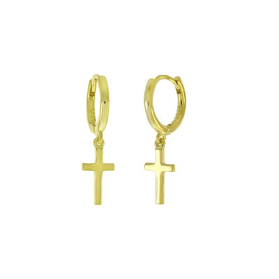 Sterling Silver 925 Dangle Cross Gold Plated Huggie Hoop Earrings