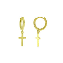 Load image into Gallery viewer, Sterling Silver 925 Dangle Cross Gold Plated Huggie Hoop Earrings