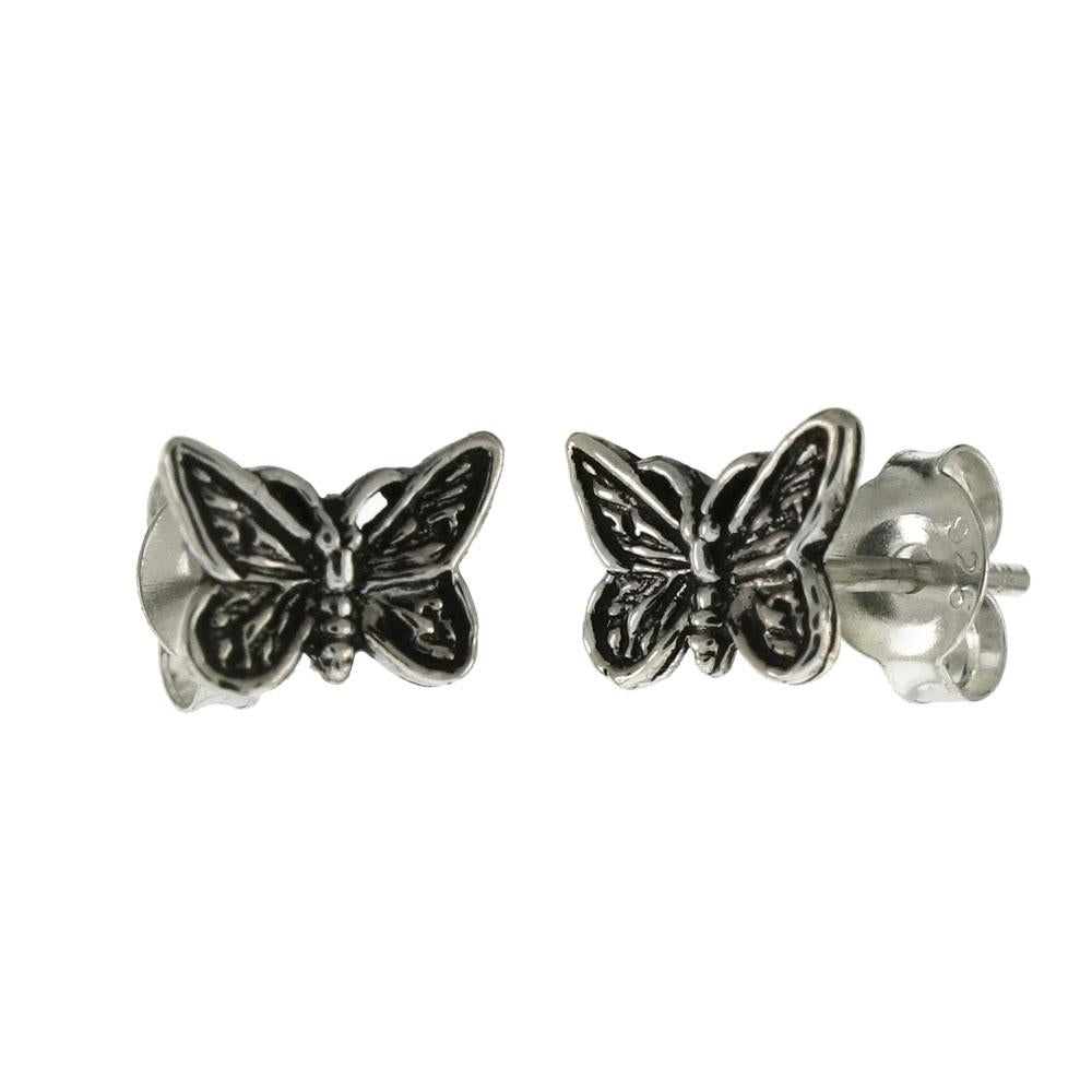 Sterling Silver Small Butterfly Oxidized Stud Earrings