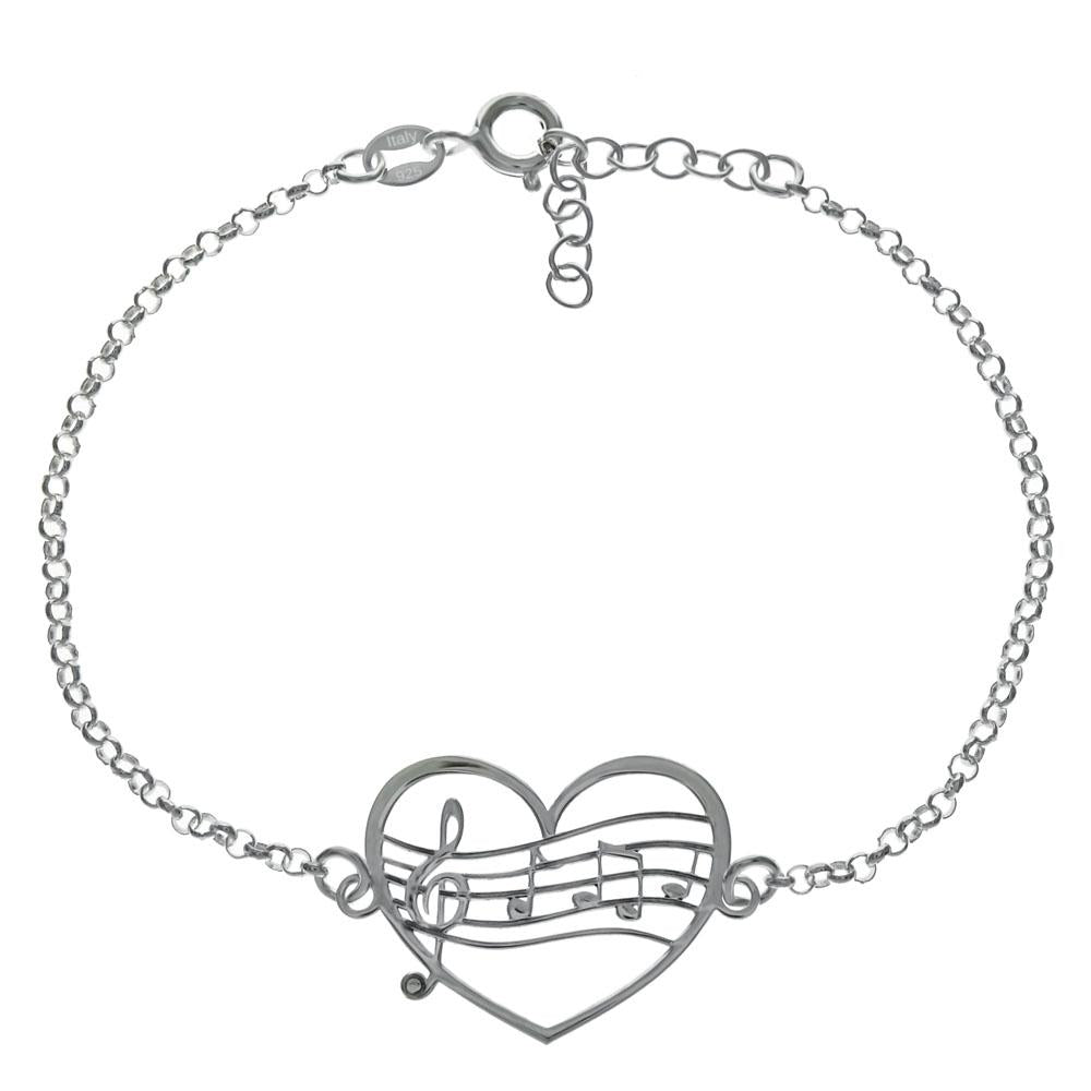 Sterling Italian Silver Laser Cut Heart W Musical Note Bracelet