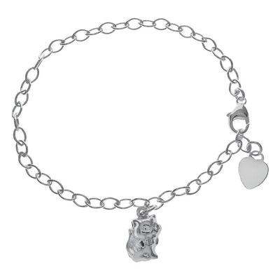 Sterling Silver Italian Oval Link W Cat Charm Bracelet
